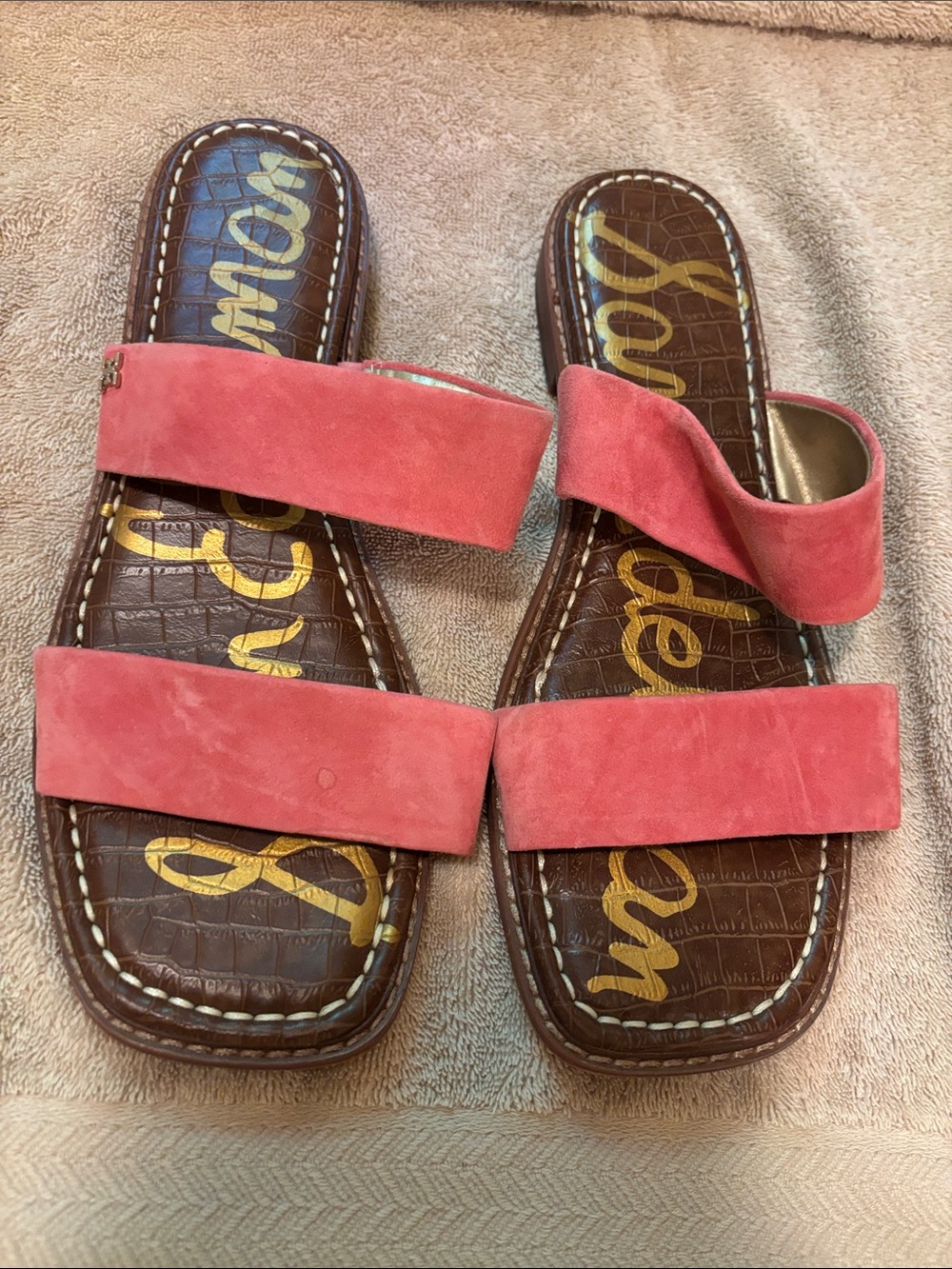 Sam Edelman Coral/Pink Suede Double-Strap Slide Sandals - size 10